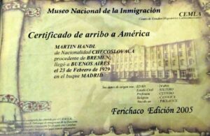 kopie Handlova certifikátu o připlutí do Jižní Ameriky
